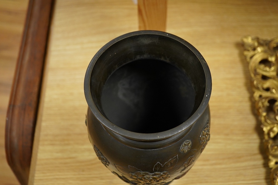 A Japanese bronze and mixed metal vase, Meiji period, 25cm. Condition - fair to good